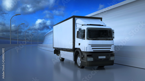 3D illustration of white truck moving on highway in sunny summer day