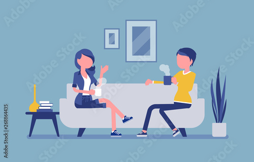 Roommate friends enjoy living together. Young girls occupying one flat, house, room, students share rented apartment, relax on a coach in hostel, lodging. Vector illustration, faceless character