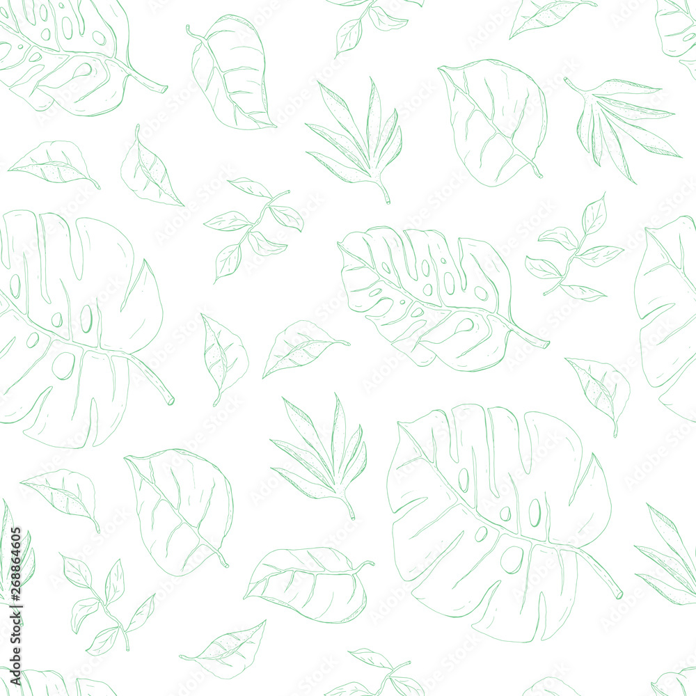 Seamless pattern with hand drawn tropical leaves with branches vector illustration