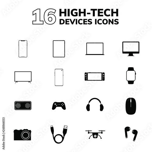 16 high-tech devices vector black icons pack