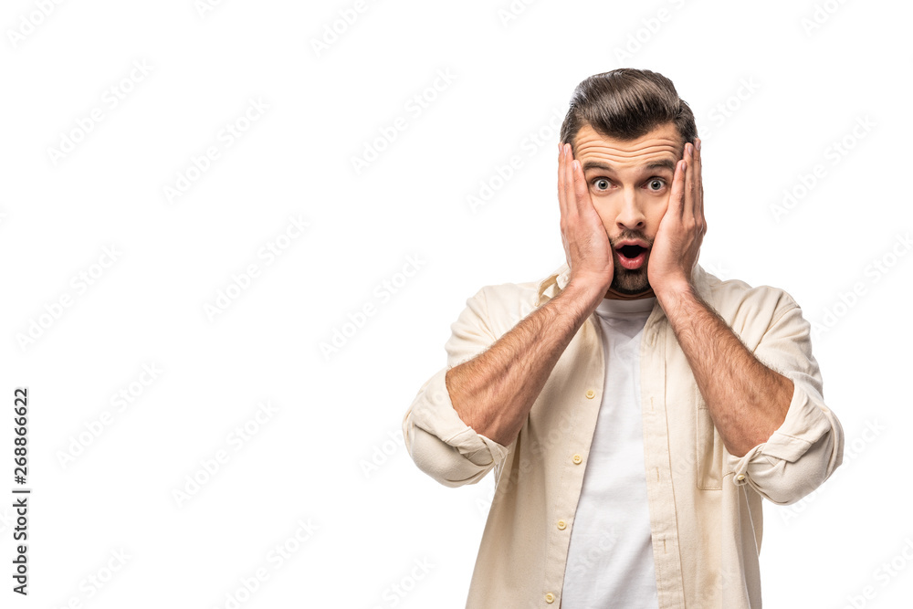 surprised man looking at camera and touching face Isolated On White with copy space surprised man looking at camera and touching face Isolated On White with copy space