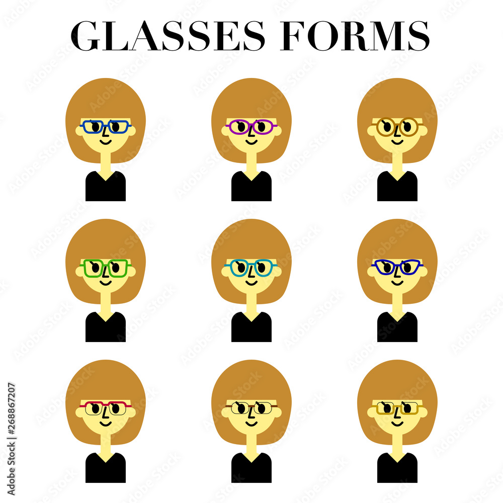 メガネをかけたボブカットの女性のシンプルでかわいい顔の表情12パターンのイラストセット