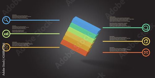 3D illustration infographic template with embossed cube askew arranged divided to six parts