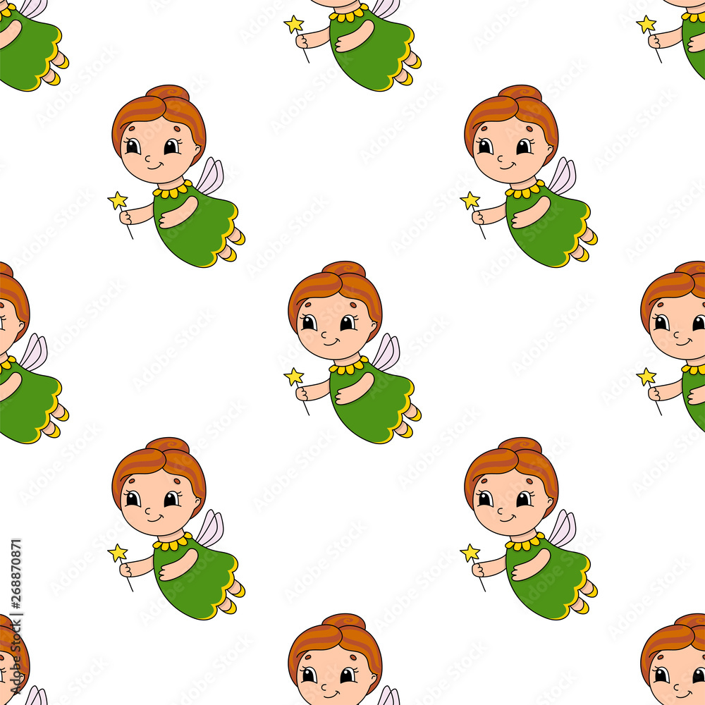 Happy fairy. Colored seamless pattern with cute cartoon character. Simple flat vector illustration isolated on white background. Design wallpaper, fabric, wrapping paper, covers, websites. Happy fairy. Colored seamless pattern with cute cartoon character. Simple flat vector illustration isolated on white background. Design wallpaper, fabric, wrapping paper, covers, websites.