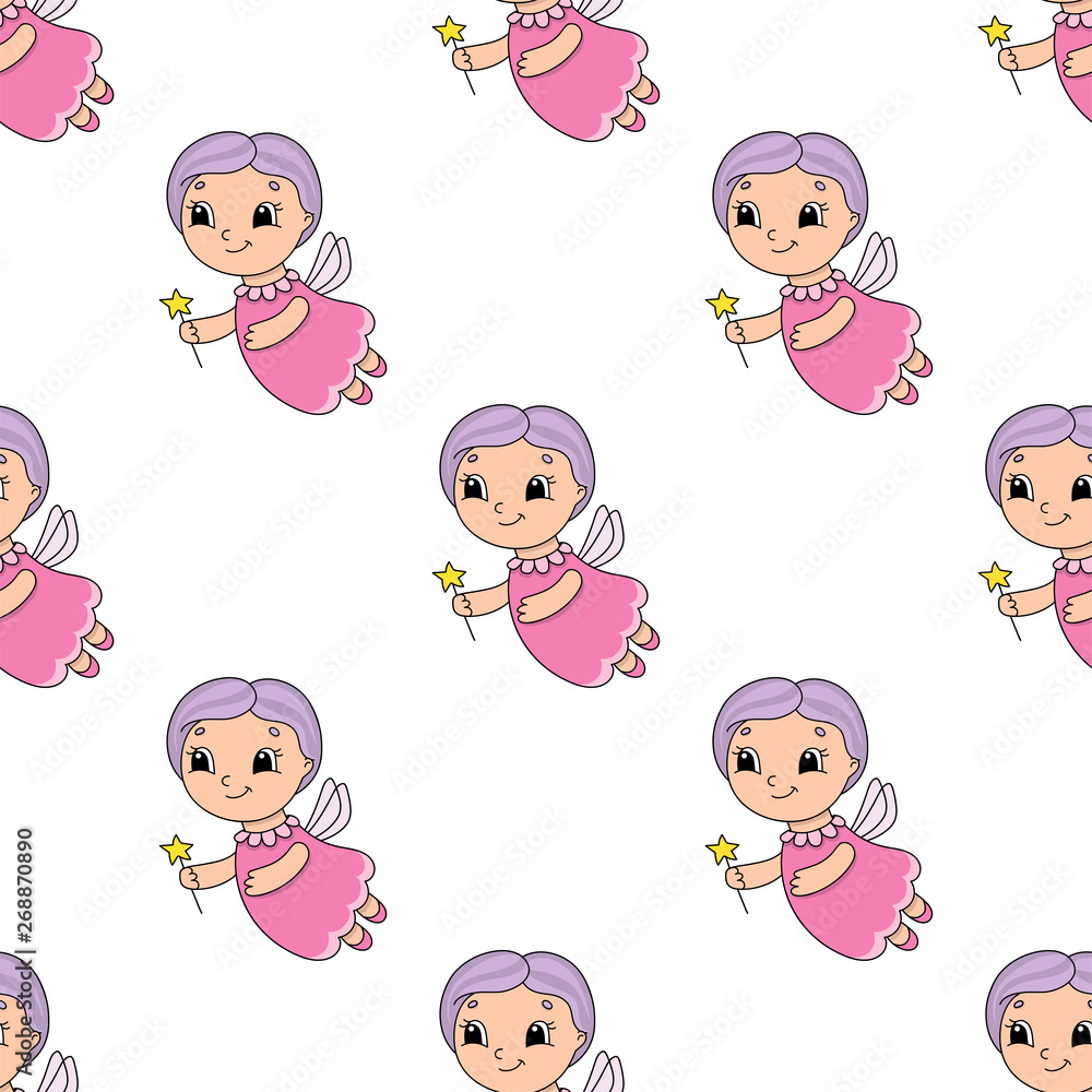 Happy fairy. Colored seamless pattern with cute cartoon character. Simple flat vector illustration isolated on white background. Design wallpaper, fabric, wrapping paper, covers, websites. Happy fairy. Colored seamless pattern with cute cartoon character. Simple flat vector illustration isolated on white background. Design wallpaper, fabric, wrapping paper, covers, websites.