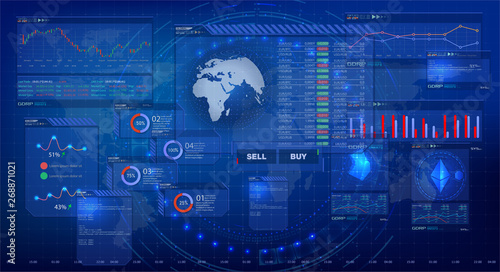 HUD trading, great design for any purposes. Trading platform. Professional trader tools for successful trading. HUD elements pack. Infographic elements. Bitcoin digital currency. Statistic and data.