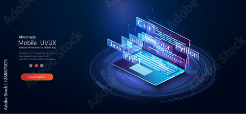 Software development, programming, coding vector concept. Technology concept. Programming web banner. Isometric vector illustration. Landing page concept. Technology process of Software development 