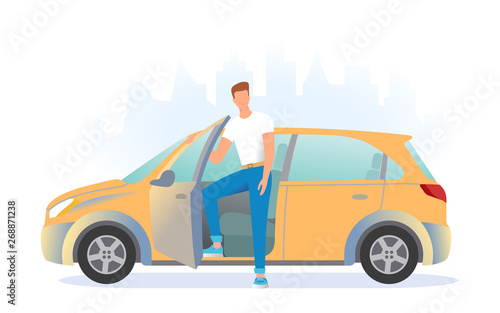 A young man is standing next to the car. Man is geting into the car.