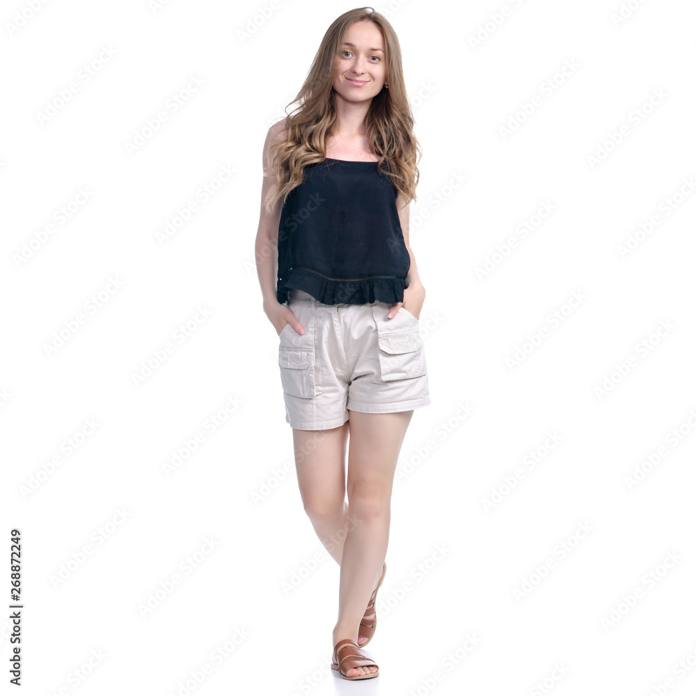 Woman in shorts goes walking positive emotions on white background isolation Woman in shorts goes walking positive emotions on white background isolation