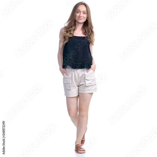 Woman in shorts goes walking positive emotions on white background isolation