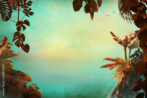Tropical leaves frame vintage style on old paper with free space for your text, can be used as background
