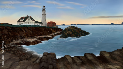 Digital paint the Cape Elizabeth Maine Coast with a lighthouse