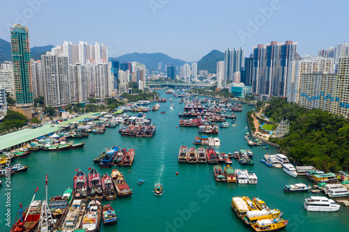  Drone fly over Hong Kong typhoon shelter in aberdeen