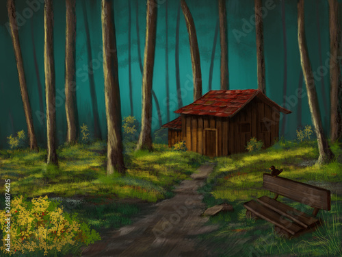 Digital painting dark forest with a log cabin and bench with black bird