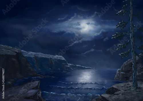 Digital painting night scene ocean bay with tree from moon light