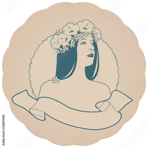 Circular retro label with pretty girl decorated with flowers and empty text banner. Vintage style