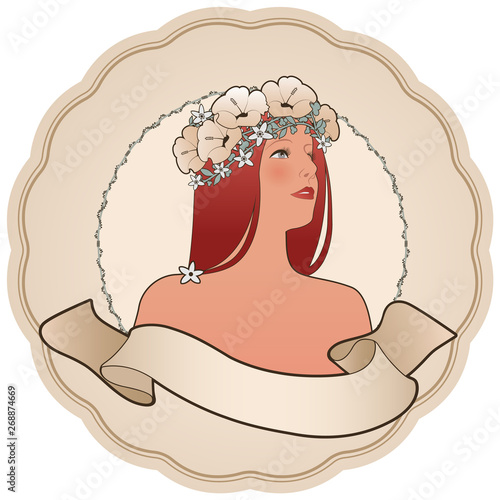 Circular retro label with pretty girl decorated with flowers and empty text banner. Vintage style