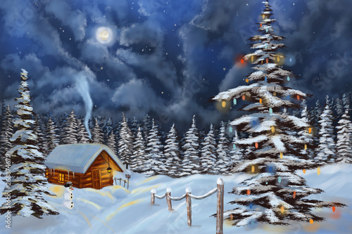 Digital paint Christmas snowy forest with a lighted cottage and the moon
