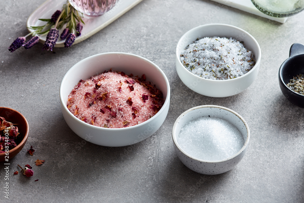 Three kinds of bath salt with lavender and rose. Three kinds of bath salt with lavender and rose.