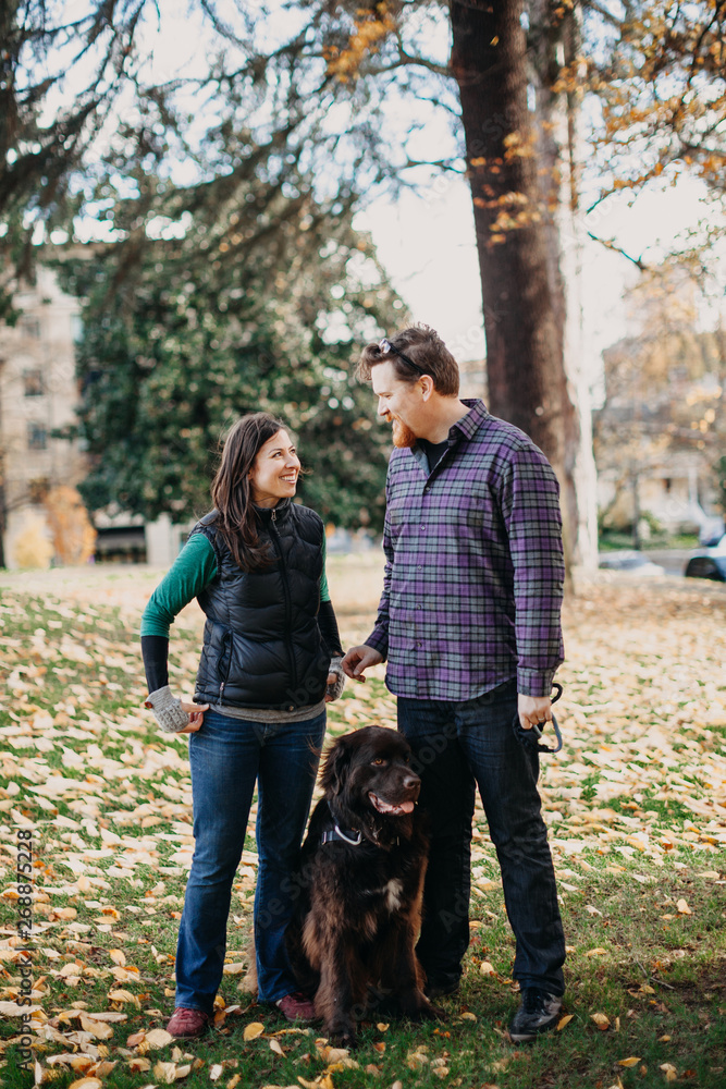 Dog Sitting in Pile of Leaves with its Owners Dog Sitting in Pile of Leaves with its Owners