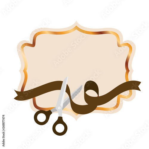frame with ribbon and scissor in white background