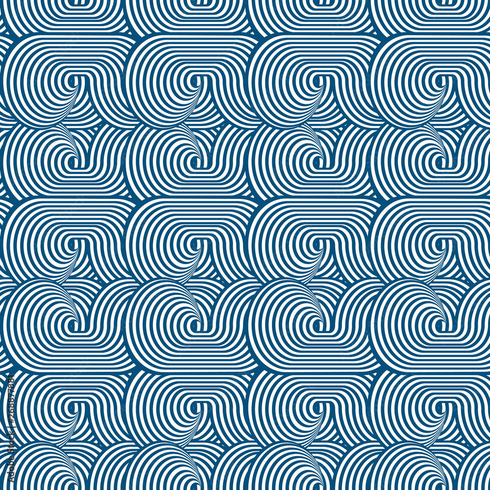 Vector illustration of indigo and white warped circles and stripes in geometric layout. Seamless repeat pattern for gift wrap, textile, fabric, scrapbooking and fashion. Vector illustration of indigo and white warped circles and stripes in geometric layout. Seamless repeat pattern for gift wrap, textile, fabric, scrapbooking and fashion.