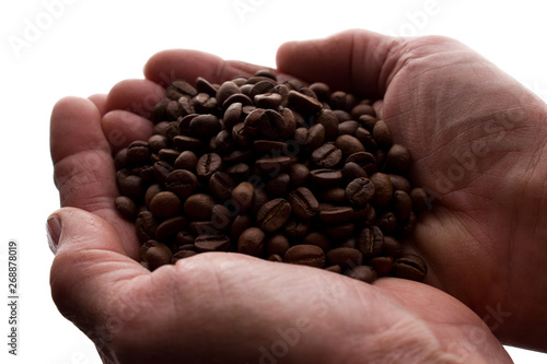 Man s hand a handful of coffee beans - silhouette