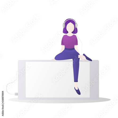 Flat girl in headphones listen music sitting on smartphone. Vector illustration. Social media concept. Isolated