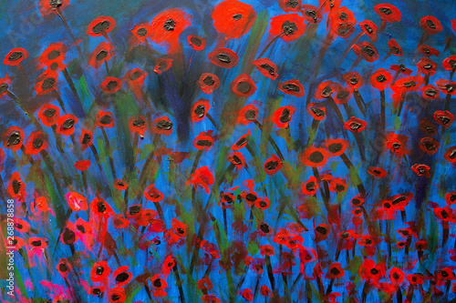 A bold oil painting of poppies in red and blue photo