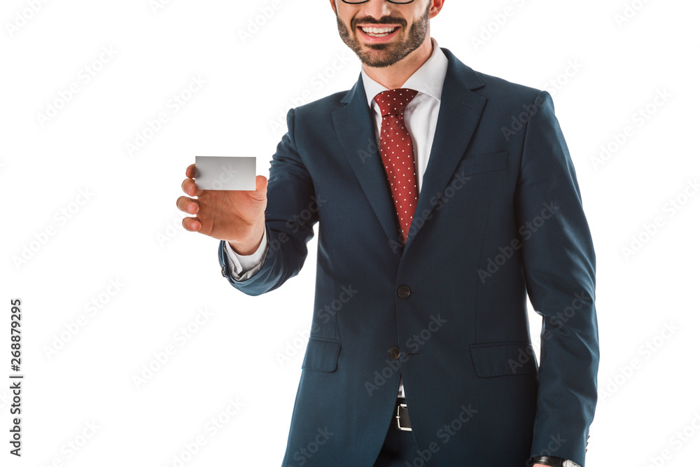 partial view of smiling businessman holding empty business card isolated on white partial view of smiling businessman holding empty business card isolated on white