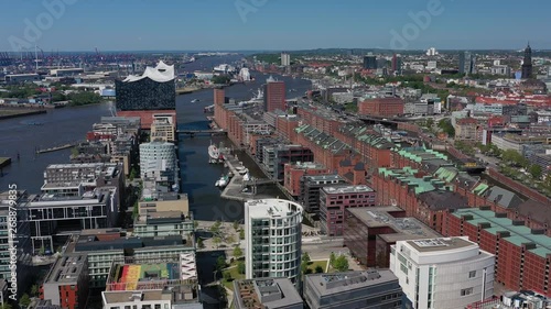 Aerial view of cityscape of Hamburg, famous harbour city in Germany, harborside quarter HafenCity, concert hall (Elbphilharmonie Hamburg - Herzog & de Meuron) - landscape panorama of Europe from above photo