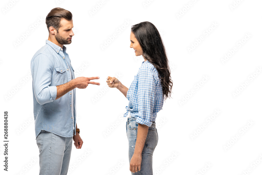 man and young woman playing rock-paper-scissors Isolated On White man and young woman playing rock-paper-scissors Isolated On White