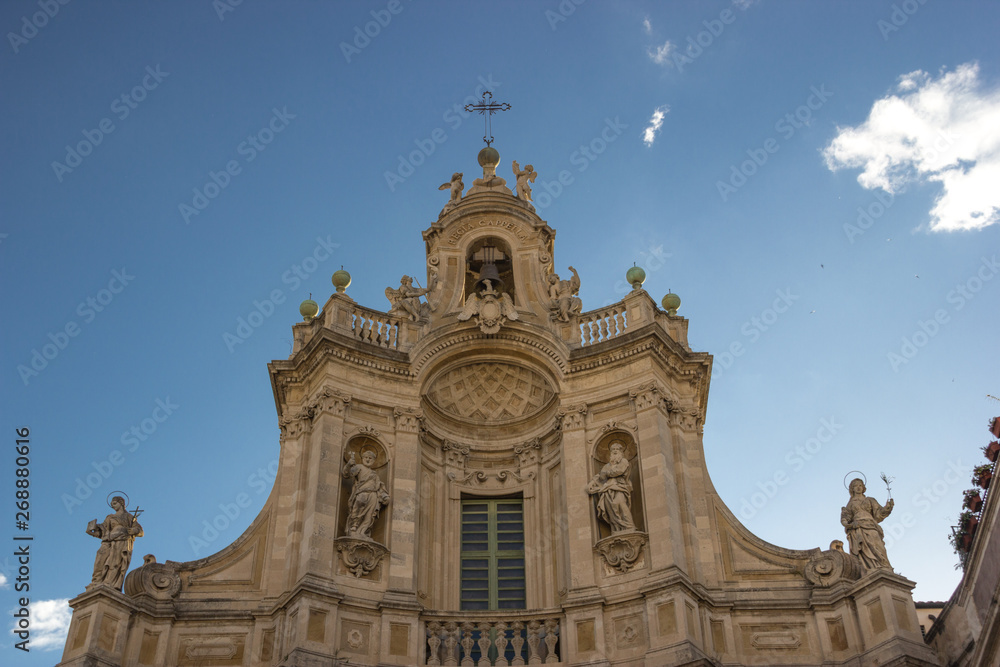 Catania baroque basilica Collegiata, detail of the top facade and its architecture