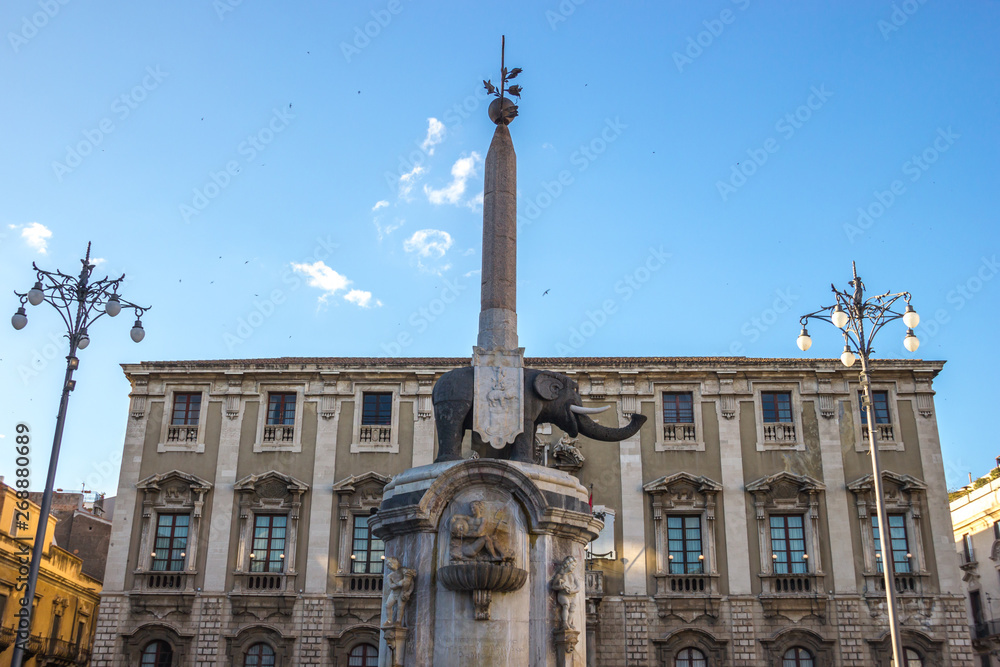 Catania baroque square with historical elephant statue from side