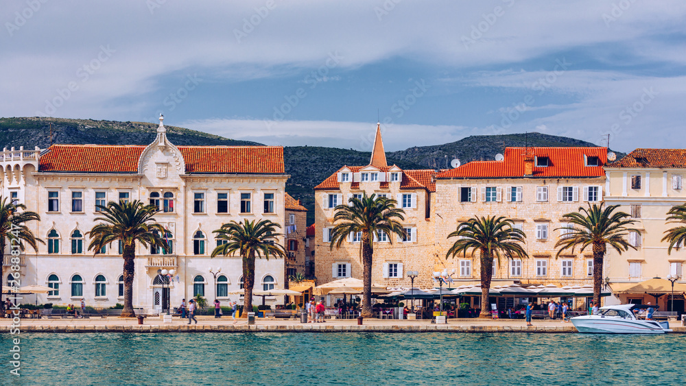 View at town Trogir, old touristic place in Croatia Europe. Trogir town coastal view. Magnificent Trogir, Croatia. Sunny old Venetian town, Dalmatian Coast in Croatia.