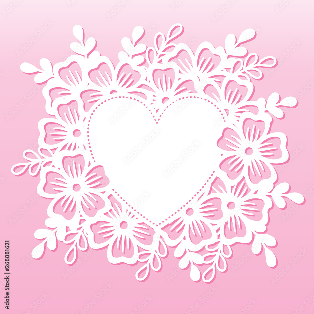 Openwork heart with flowers. Laser cutting template suitable for wedding decorations, cards, interior decorative elements.