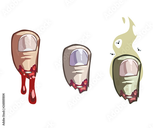 Vector cartoon illustration of severed thumbs. Chopped toes bleeding, raw and rotten