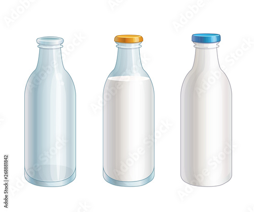 Set of vector cartoon glass and plastic milk, empty bottles isolated