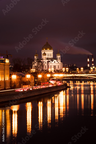 View onto illuminated Cathedral of Christ the Saviour during a dark winter evening with Moskva river  Moscow  Russia  Europe 