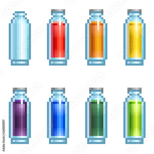 Vector pixel set of slim bottles with different potions