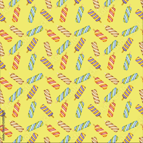 Summer foods. Seamless pattern with watercolor, hand drawn icecream on retro yellow background.