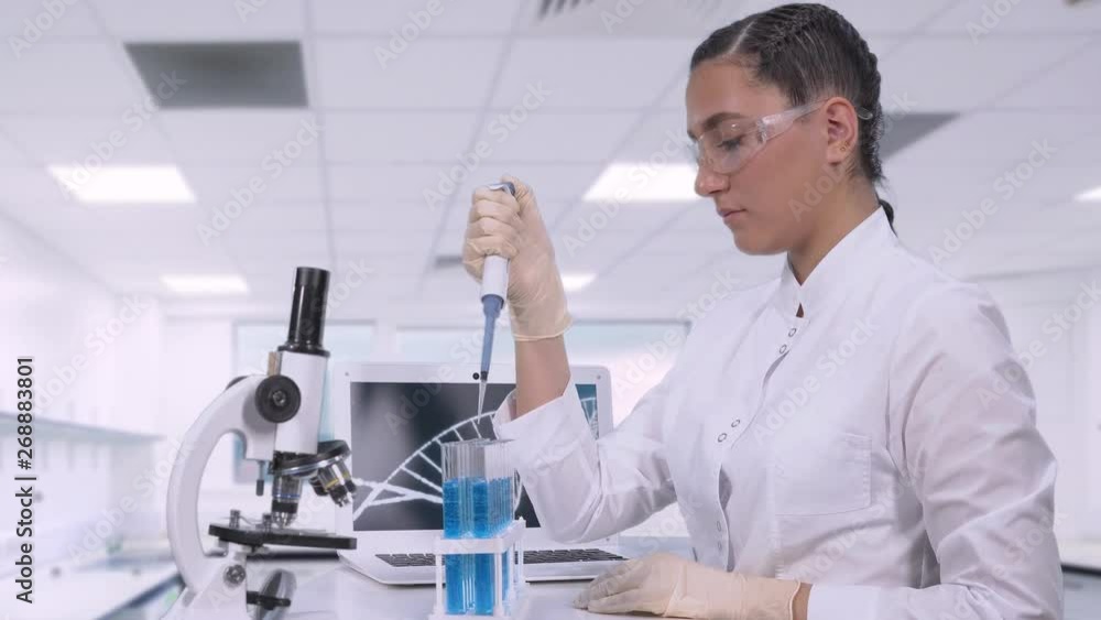 A female lab technician transfers a blue fluid sample to different tubes using a micropipette while sitting at a table next to a laptop and a microscope in a science lab. A female lab technician transfers a blue fluid sample to different tubes using a micropipette while sitting at a table next to a laptop and a microscope in a science lab.