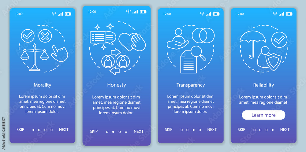Ethical principles onboarding mobile app page screen vector template