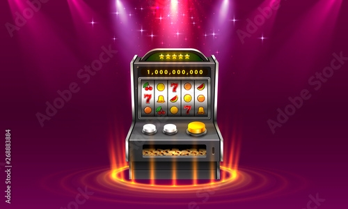 3d slots machine wins the jackpot, Isolated on glowing lamp background.