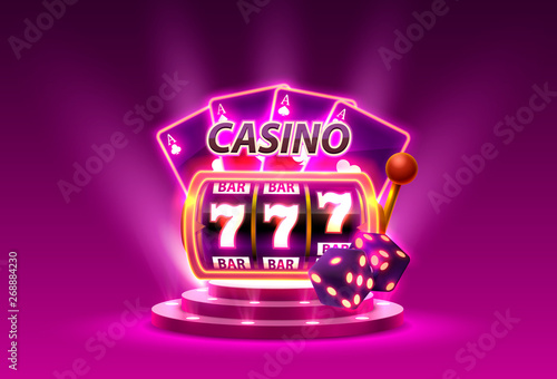 Casino slots 777 banner winner, scene podium. Vector