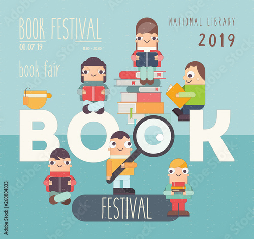 Poster for Bookstore and Book Festival Advertising. Small Funny Characters Cartoon Men and Girls Reading Books near Big Letters Book. Vector Illustration for Literature Event. Retro Design.