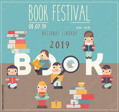 Poster for Bookstore and Book Festival Advertising. Small Funny Characters Cartoon Men and Girls Reading Books. Vector Illustration for Literature Event. Retro Design.
