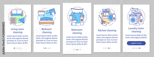 Home cleaning onboarding mobile app page screen, linear concepts