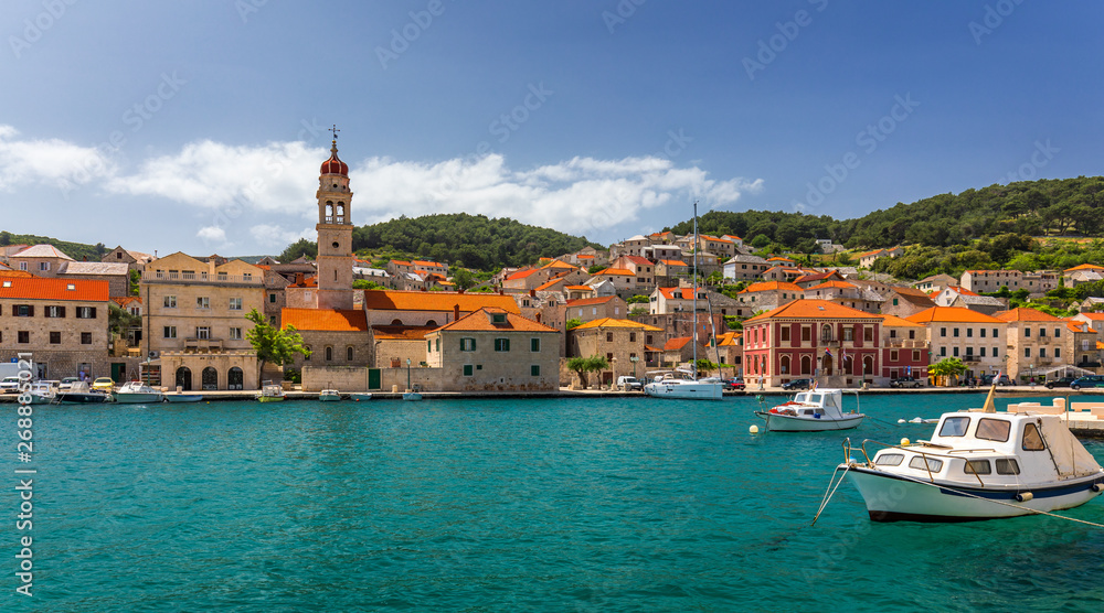 Pucisca is small town on Island of Brac, popular touristic destination on Adriatic sea, Croatia. Pucisca town Island of Brac. Adriatic coast town Pucisca.