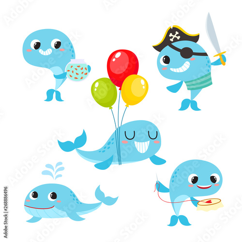 Vector set of cartoon sea animal - whale isolated on white